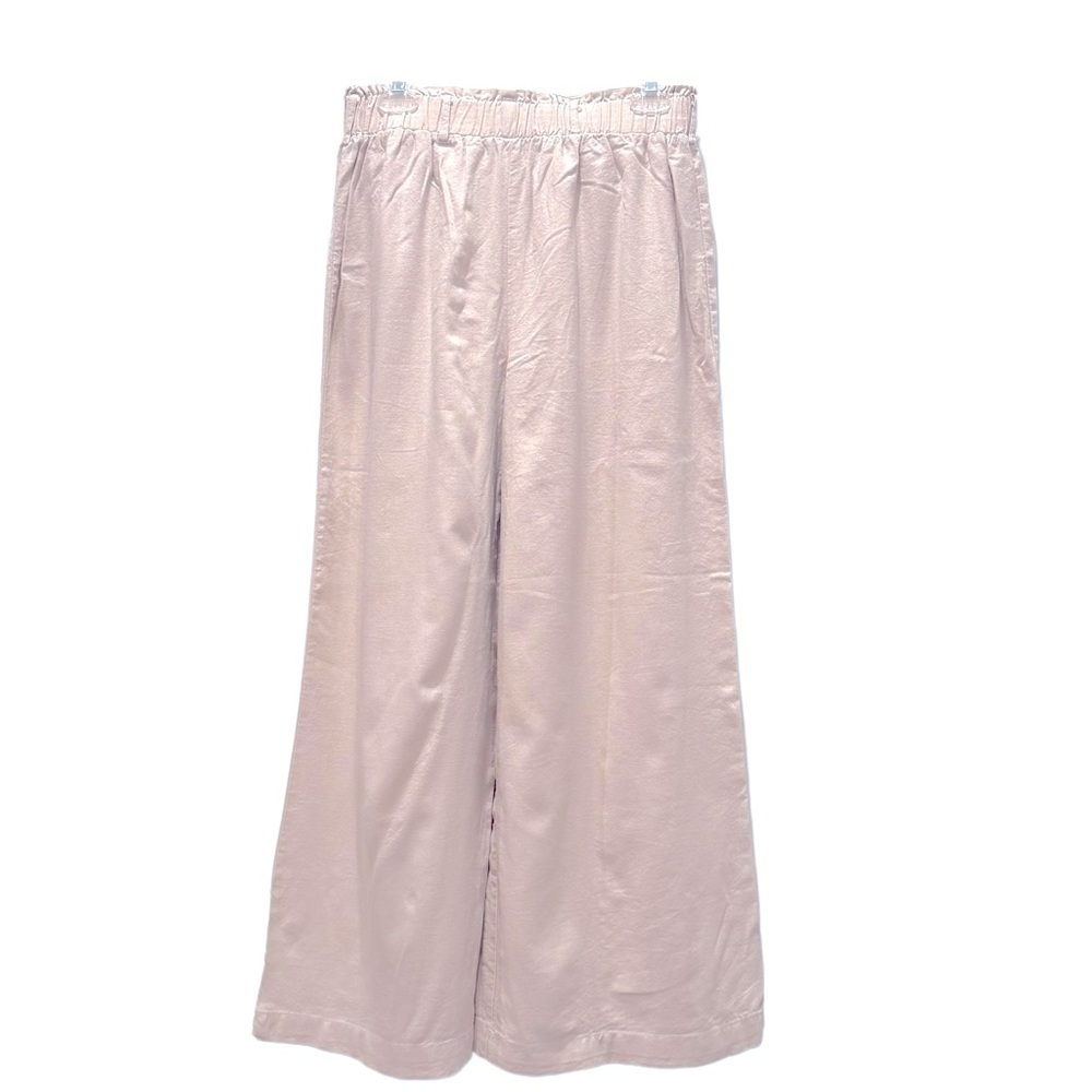 New Look Size Large Natural Color Wide Leg Elastic Waist Linen Blend Beach Pants